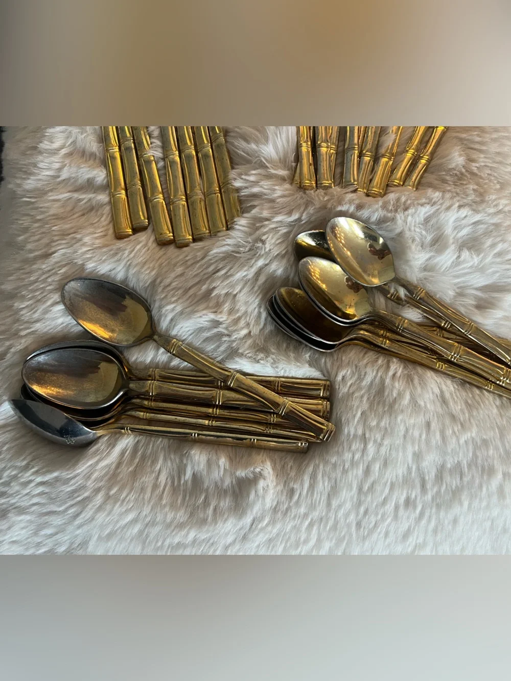 Vintage Mid Century Gold Plate Kona Bamboo  Flatware Set 33-Piece Elegant Cutler